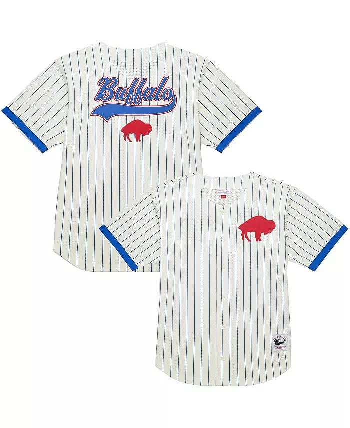 

Мужская кремовая футболка Buffalo Bills Vintage Logo Final Seconds с полной застежкой на пуговицы из сетчатой ткани Mitchell & Ness