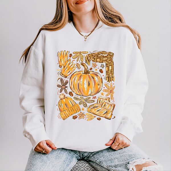 

Свитшот женский легкий garment dyed с принтом Fall pumpkin collage glitter Simply Sage Market, White