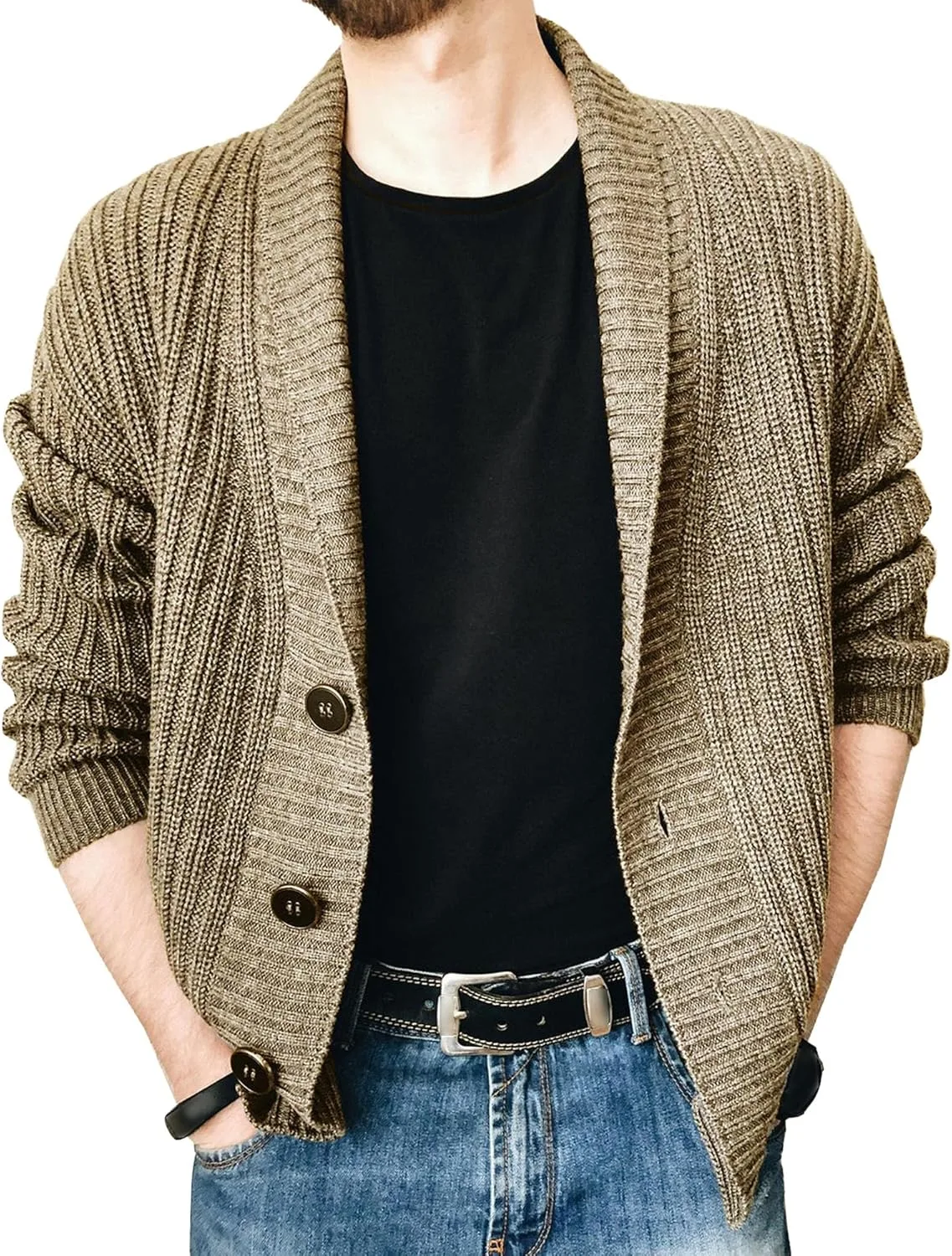 

Мужской кардиган с шальным воротником, легкий, на пуговицах, slim fit SWJGLITTR