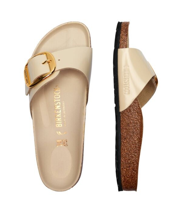 Тапочки кожаные Birkenstock Madrid с большой пряжкой, экрю — фото 4