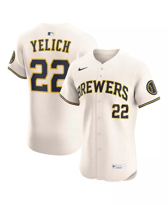 

Мужская бейсбольная джерси Christian Yelich Milwaukee Brewers Home Elite Player кремового цвета Nike