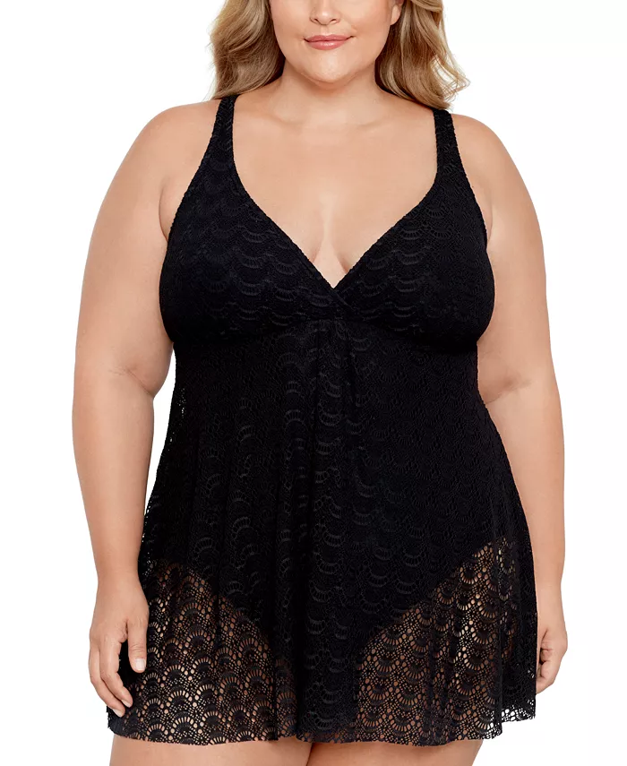 

Купальное платье с кружевной отделкой и контролем живота Plus Size Swim Solutions, черный