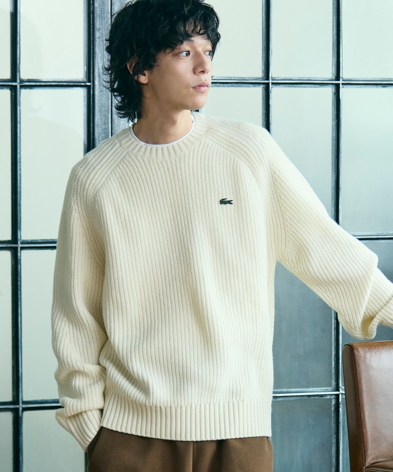 Вязаный свитер простой вязки LACOSTE, Ivory