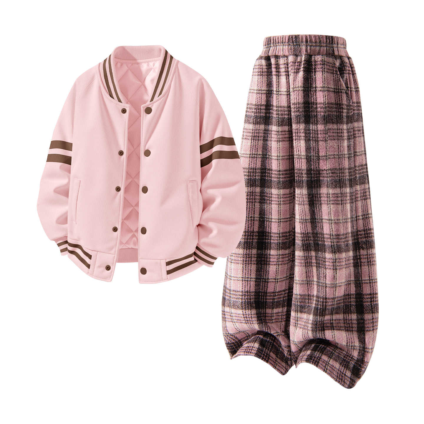 Детская повседневная спортивная одежда Disney, [Thickened And Fleece-Lined]Solid Color Rose Red+Solid Color Pink Plaid — фото 3