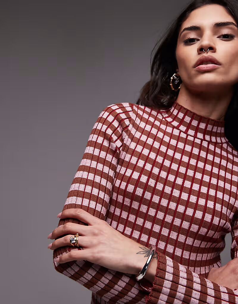 

Вязаный топ Topshop с длинными рукавами в клетку, разноцветный