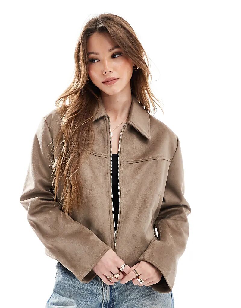 

Куртка ASOS DESIGN из искусственной замши с воротником цвета «камень»