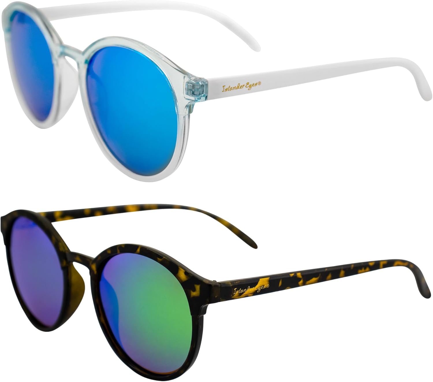 

Поляризованные солнцезащитные очки Maldives для мужчин и женщин, 2 пары: увеличенная круглая белая оправа с синими зеркальными линзами и черепаховая оправа с зелеными зеркальными линзами Islander Eyes, White-blue/Tortoise-green