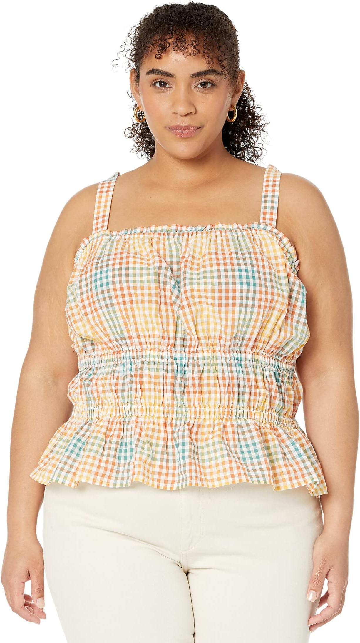 

Топ Madewell Plus Seersucker Sophia Peplum Tank in Rainbow Gingham Check, цвет Polished Jade