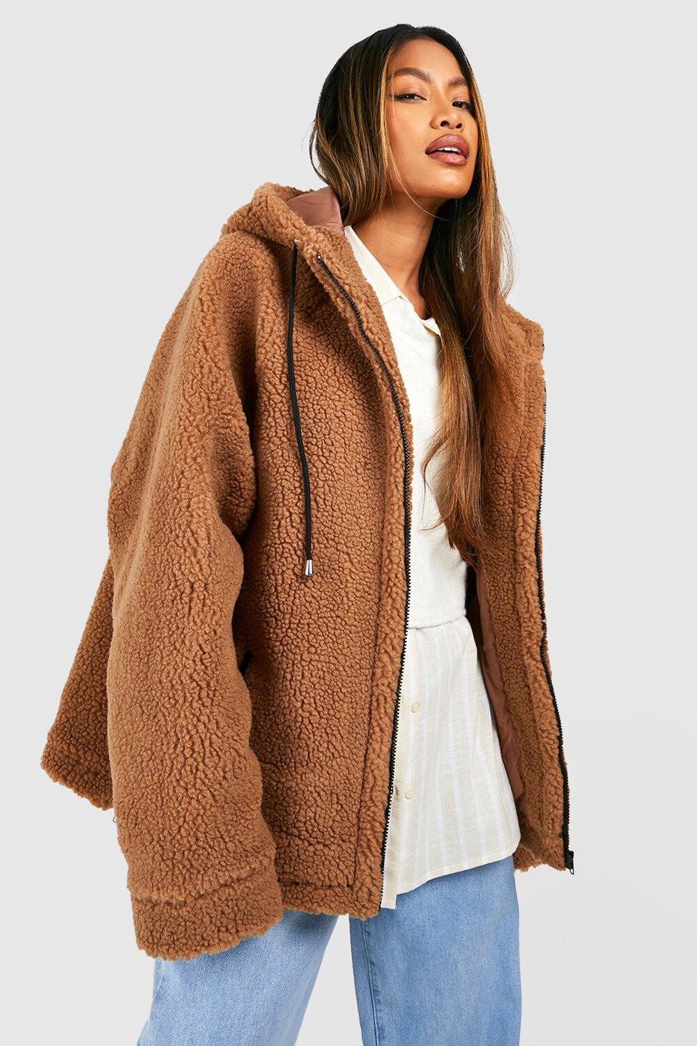

Куртка тедди с контрастными деталями оверсайз Boohoo, кэмел