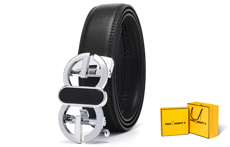 

Ослепительный цвет гладкая пряжка принт кожаный ремень мужской черный ширина 3,5 см FREE RABBITⅡ, Ослепительный черный+подарочная упаковка лимитированная серия