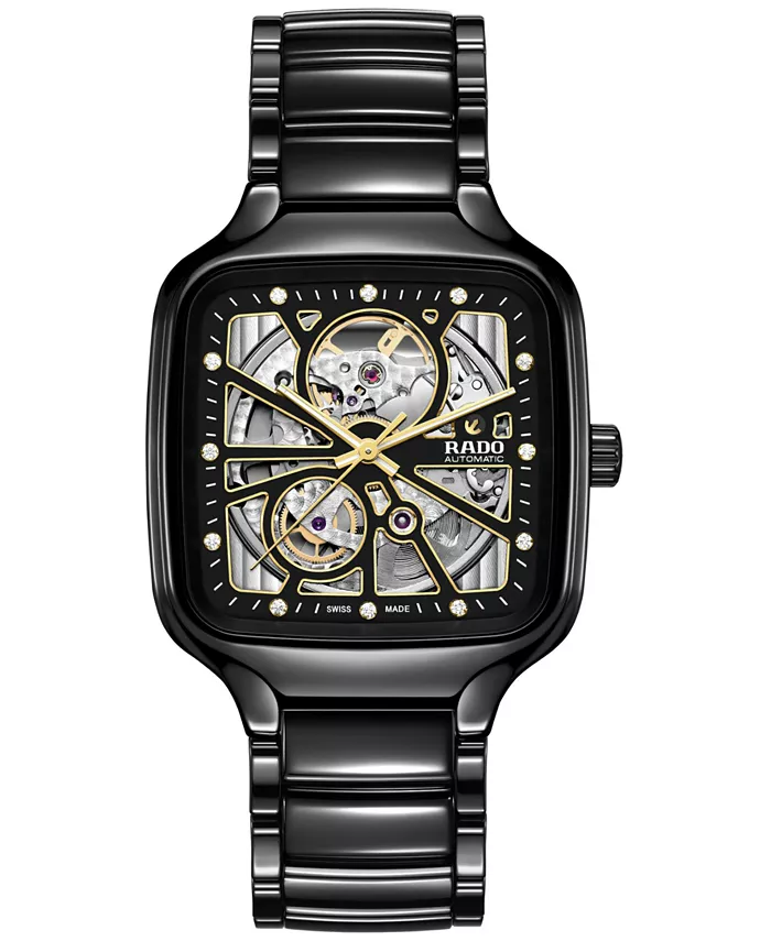 

Унисекс-часы Swiss Automatic True Square Open Heart с бриллиантами (0,1 карат) на черном керамическом браслете, 38 мм Rado