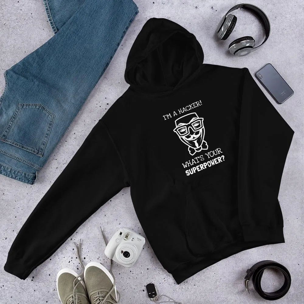 generic Толстовка с капюшоном "I'm a hacker! What's your superpower?" (белый текст) — фото 4
