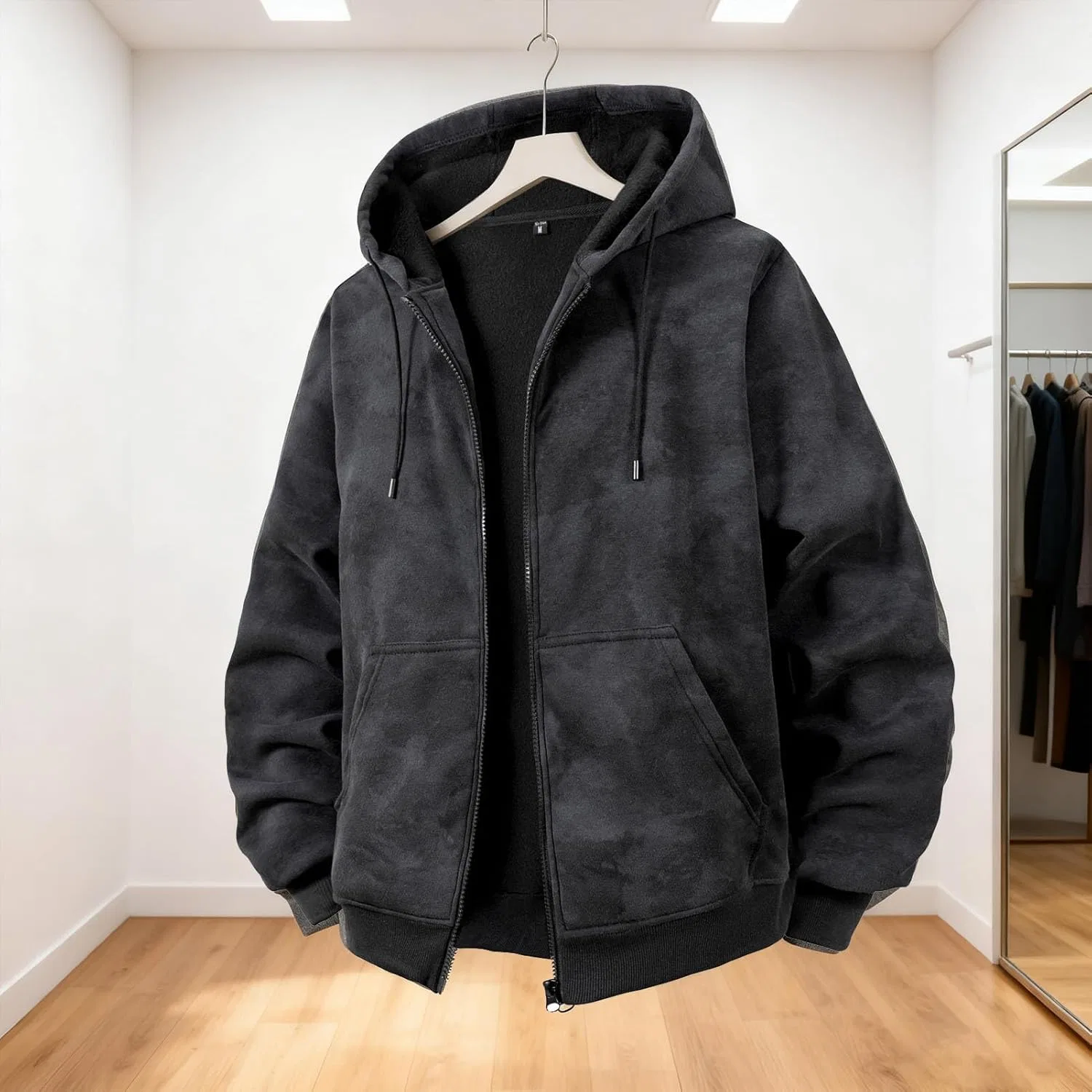 Свитшот с капюшоном и молнией Streetwear, мужской, винтажный оверсайз | Повседневный мешковатый худи с капюшоном | Streetwear Generic, черный — фото 2