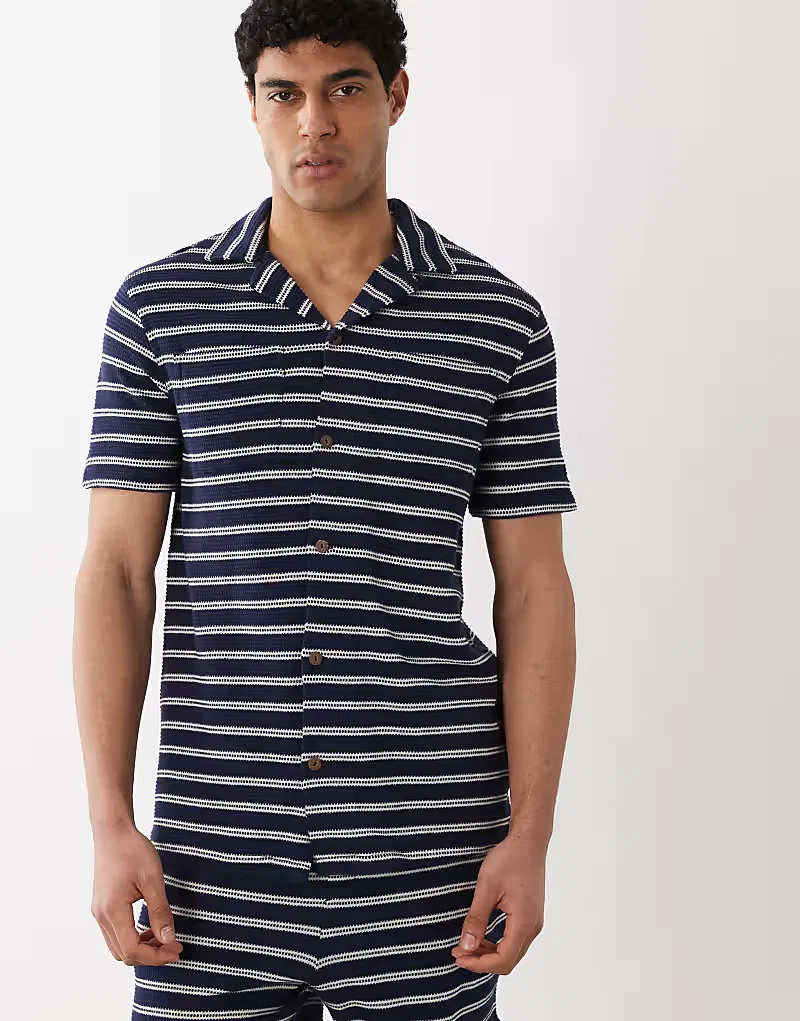 Вязаная полосатая рубашка Polo Ralph Lauren с короткими рукавами, темно-синий/кремовый