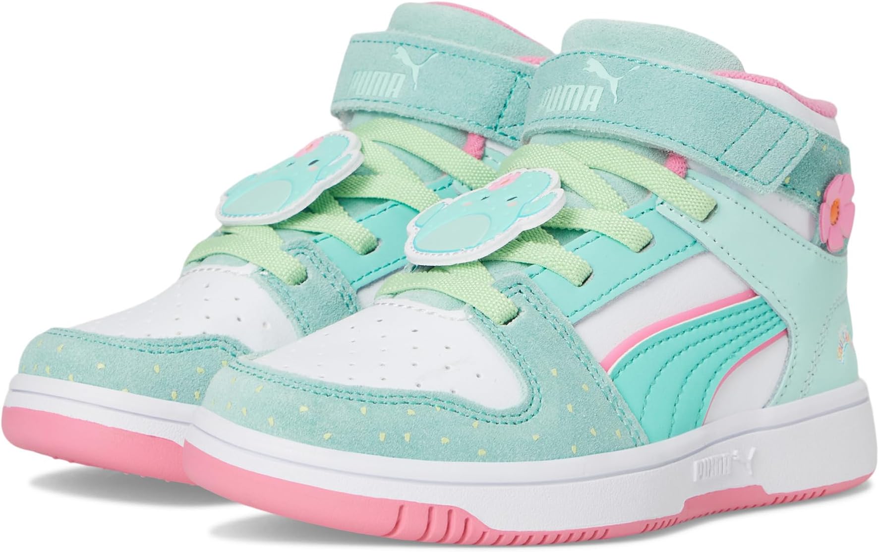 

Кроссовки PUMA Kids Rebound Layup Mid Squishmallows Hook and Loop Shoes, цвет Mint/White/Mint Melt