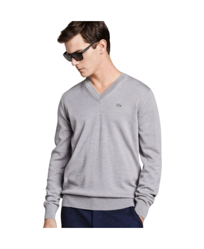 

Элегантный шерстяной свитер с v образным вырезом Lacoste, серый