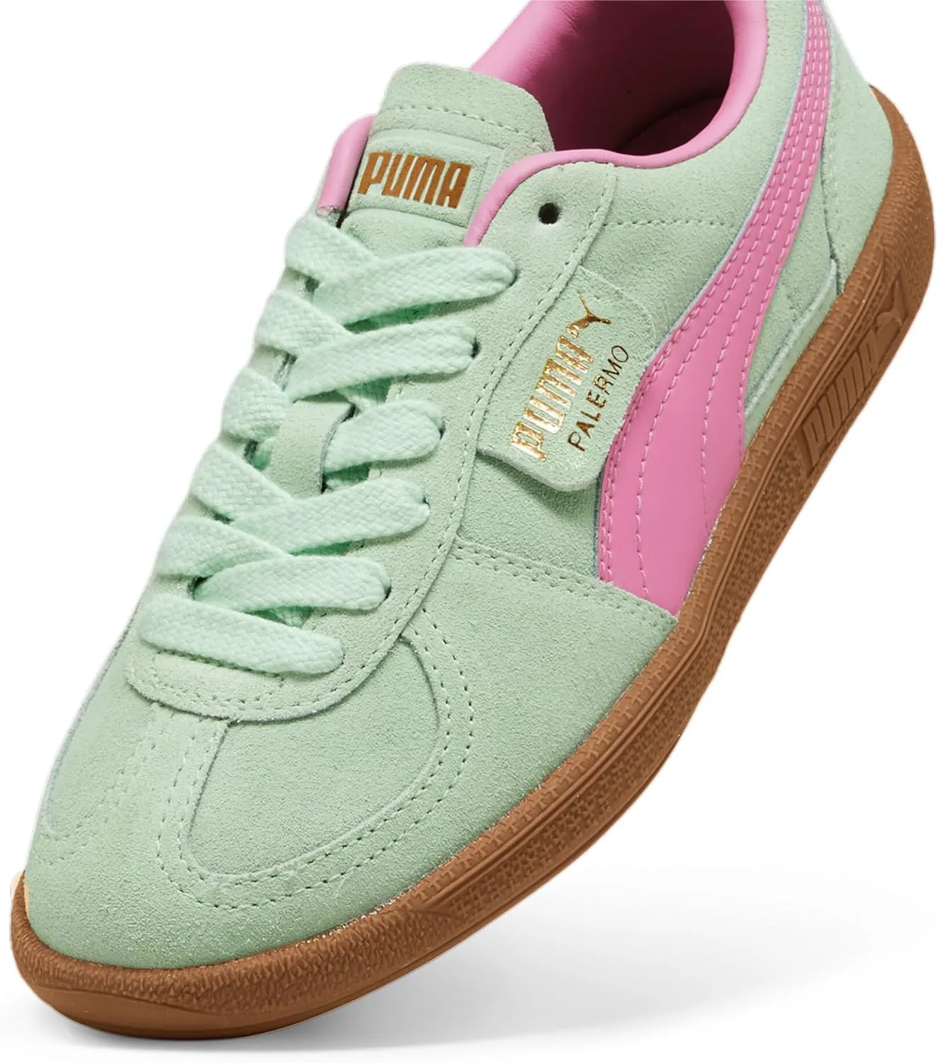 Детские кроссовки PUMA Palermo на шнуровке для мальчиков - зеленые, мятный/розовый — фото 3