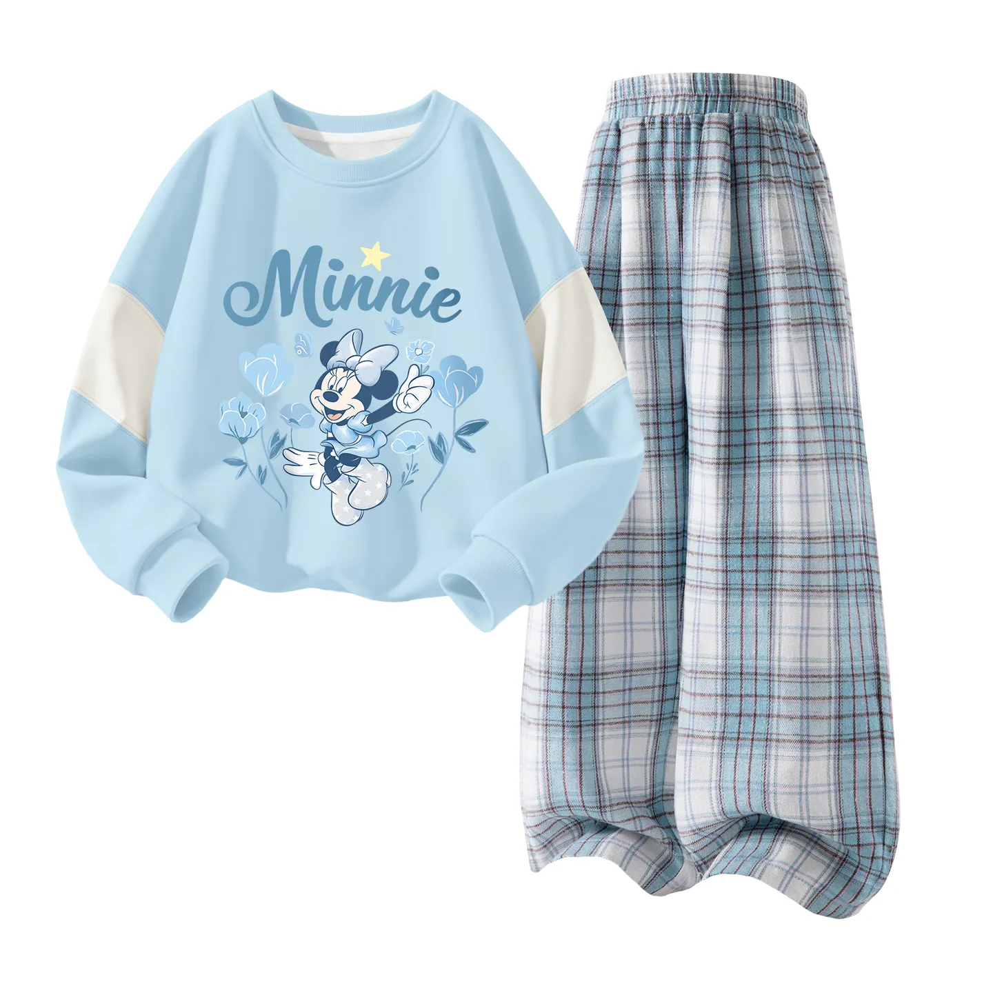 Детская повседневная спортивная футболка с круглым вырезом Disney, Di Garden Pudding Blue+Solid Color White Cloud Blue