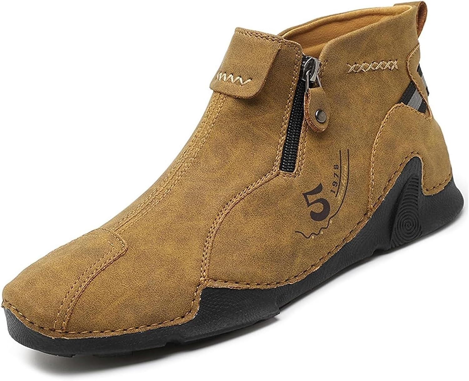 

Мужские повседневные мягкие кожаные лоферы с боковой молнией, ручной строчкой, ботинки типа чукка до щиколотки, слипоны для ходьбы и вождения, высокие на плоской подошве Generic, коричневый