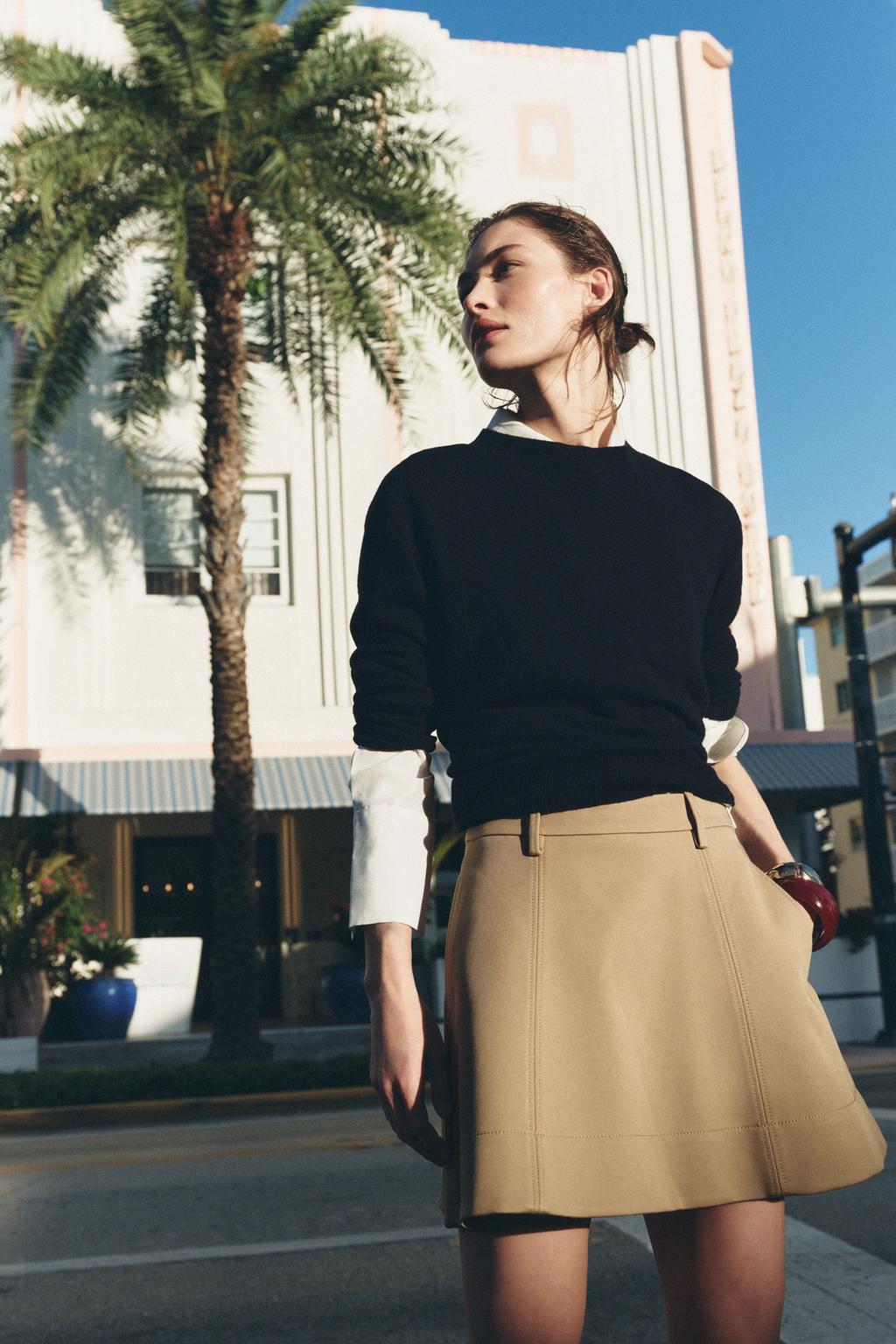 

Короткая расклешенная юбка ZARA, бежевый