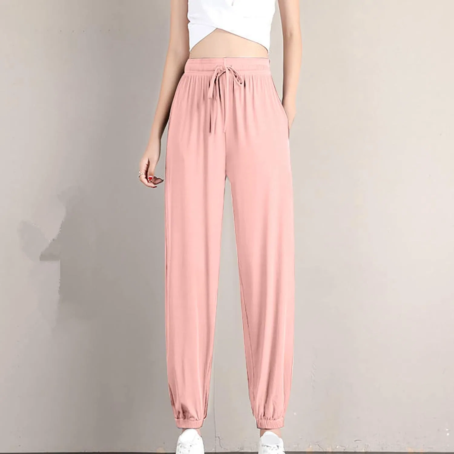 Брюки для йоги женские, высокие, свободные, с завязкой, Pink — фото 2