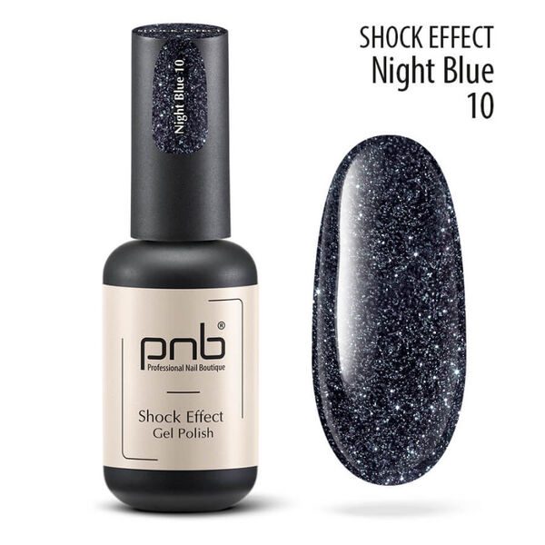 

Гибридный светоотражающий лак 10 night blue, синий, 8 мл Pnb Shock effect, цвет 10 night blue