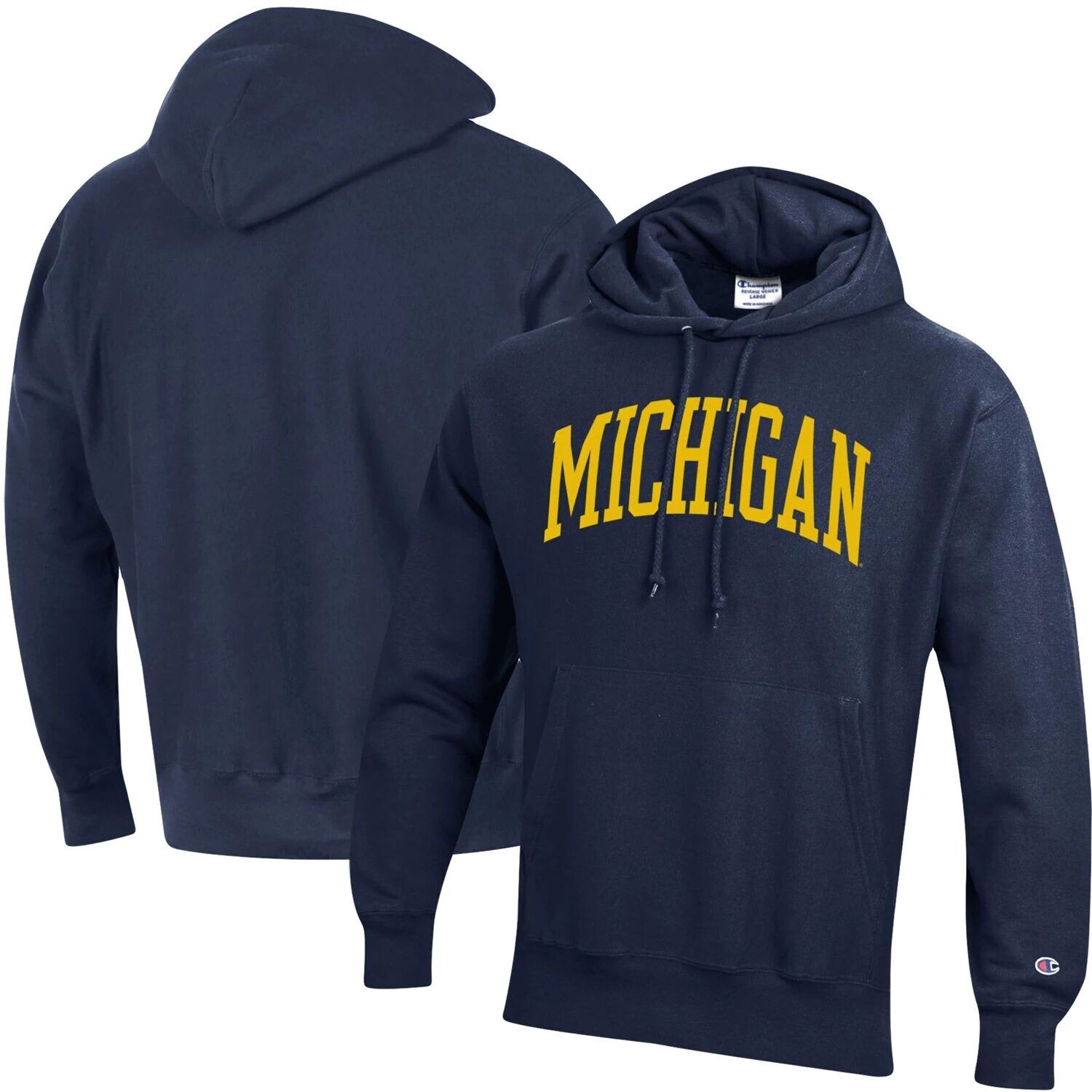 

Мужской темно-синий пуловер с капюшоном Michigan Wolverines Team Arch обратного переплетения Champion