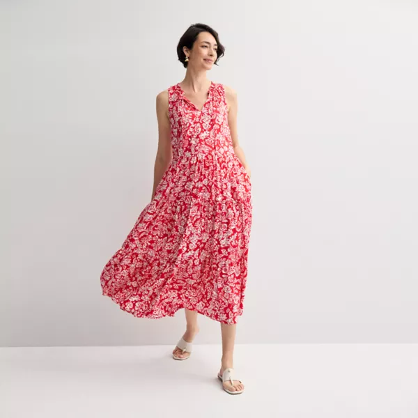 

Женское струящееся многоярусное платье макси без рукавов Croft & Barrow, цвет red stamped floral