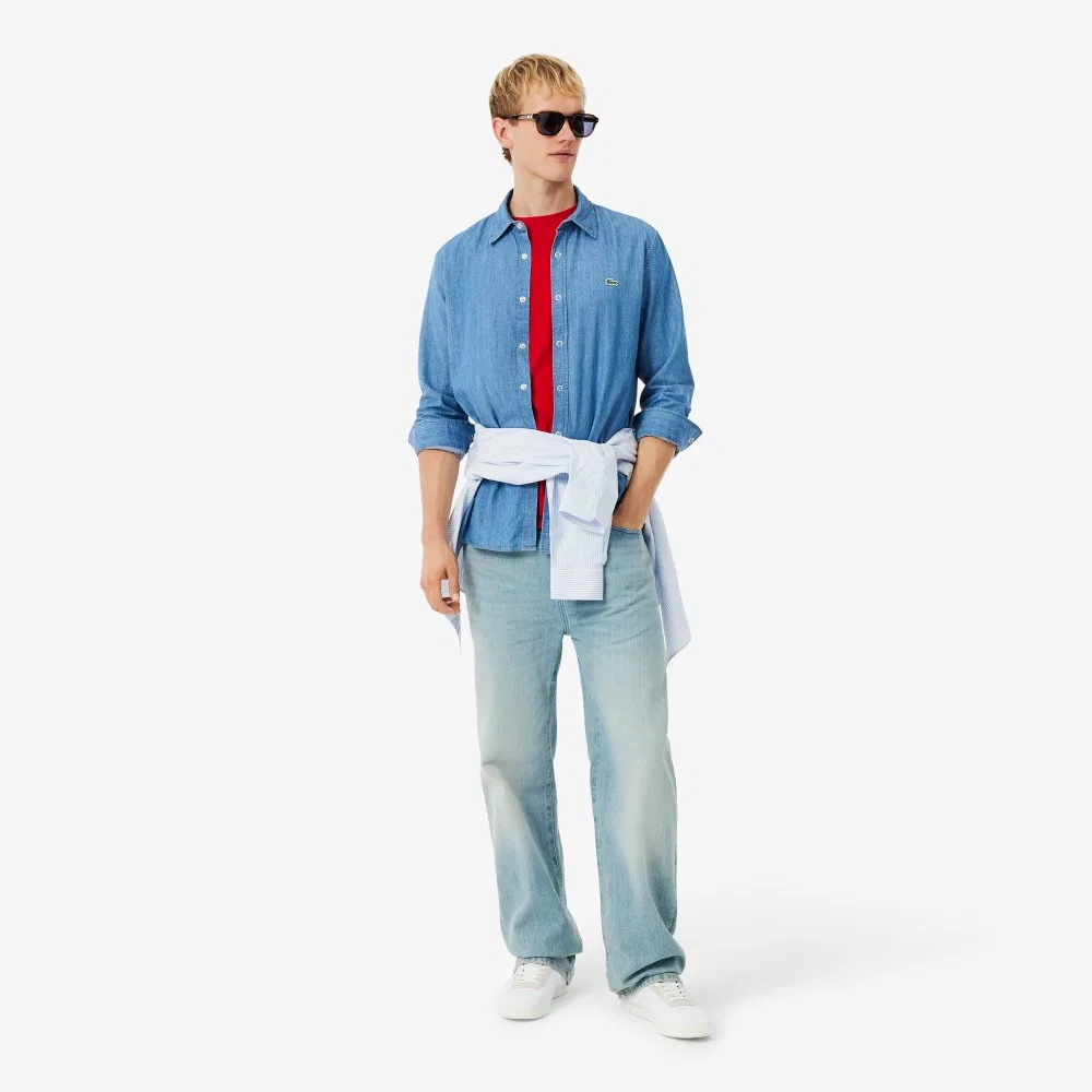 Мужская джинсовая рубашка светло-синяя от Lacoste — фото 4