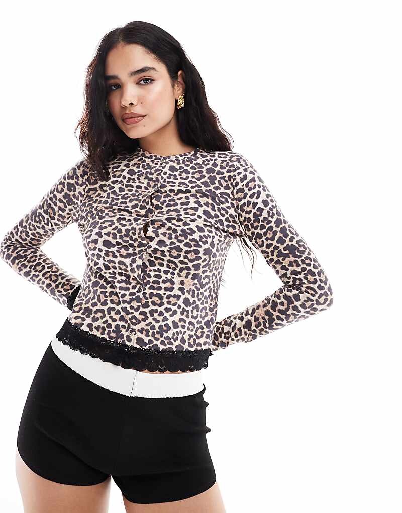 

ASOS DESIGN – Кардиган с леопардовым принтом и длинными рукавами с черной кружевной отделкой