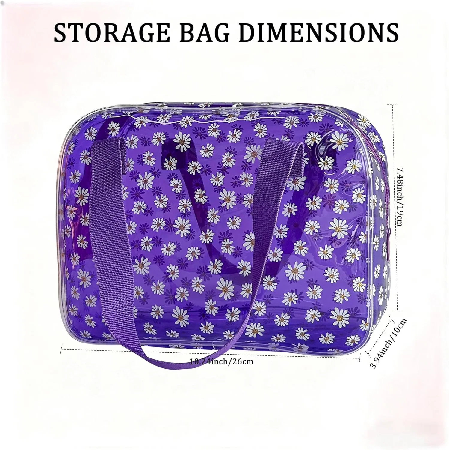 Большая прозрачная косметичка из ПВХ с узором ромашек Toteprint, Purple + Woven Handle — фото 2