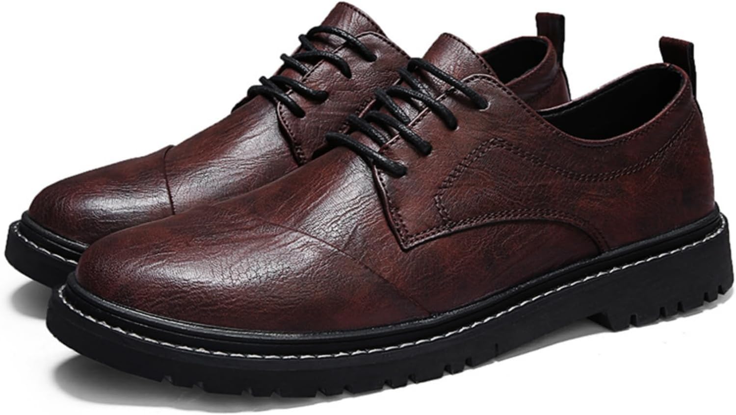 

Винтажные кожаные туфли-оксфорды на шнуровке с ручной прошивкой для мужчин, низкие с округлым носком, нескользящие, повседневные, удобные для работы, офиса, формального стиля и вождения Qwuieoin, коричневый