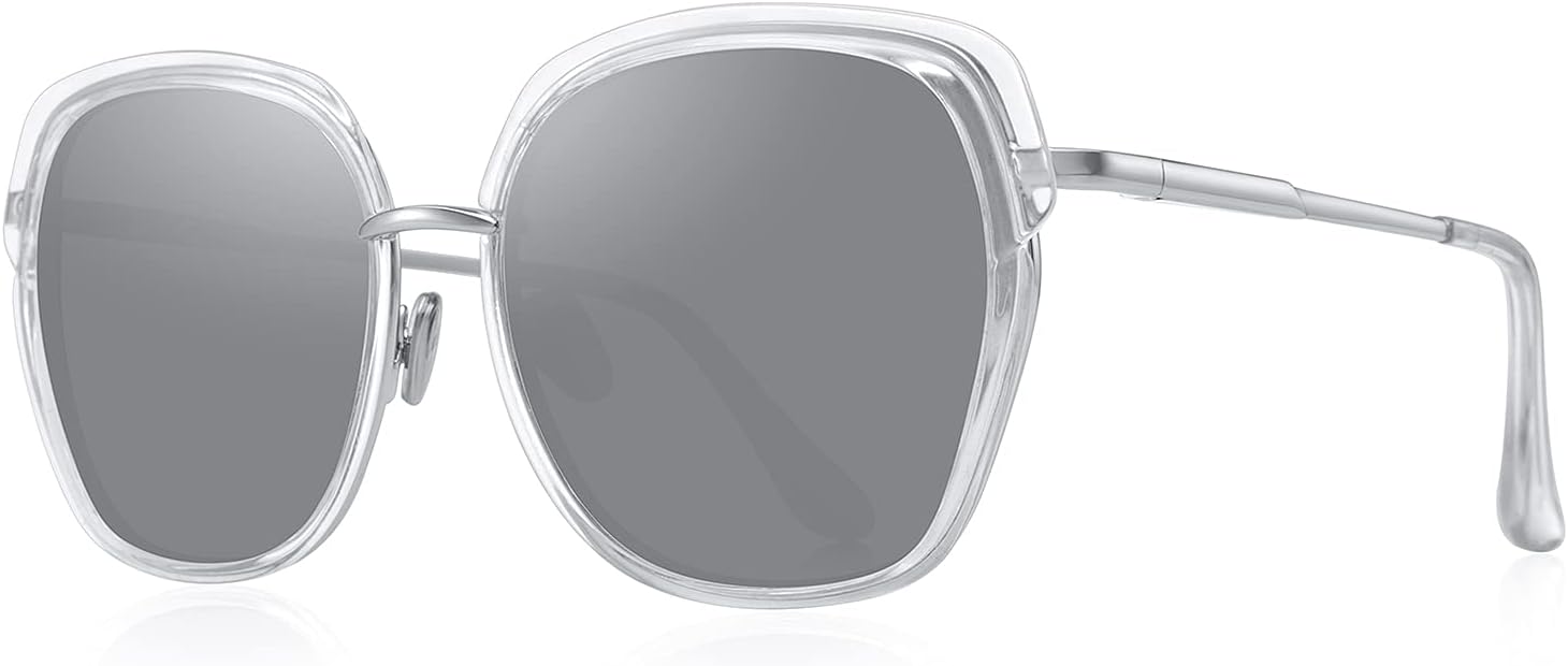 

Винтажные солнцезащитные очки большого размера в оправе «щит» для женщин, поляризованные, для отдыха, в подарочной коробке O6371 OLIEYE, Transparent Frame/Silver Mirror Lens/Silver Temples