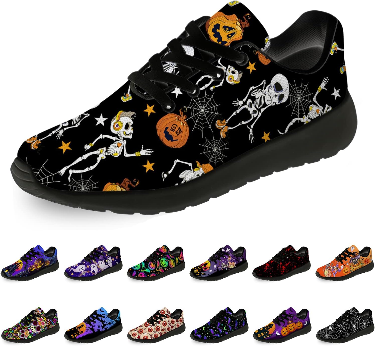 

Кроссовки на Хэллоуин для женщин и мужчин, беговые, для прогулок и тенниса, с изображением тыквы, призрака и летучей мыши, подарки для мальчиков и девочек Horethy, черный/оранжевый
