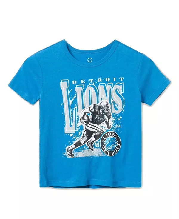 

Футболка унисекс с символикой команды Detroit Lions (игра «Rushing») - для маленьких и больших детей. Junk Food Clothing, синий