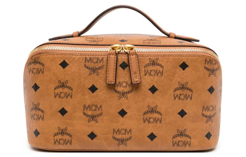 

MCM Оттомар холщовая с кожаной отделкой косметичка дорожная сумка для туалетных принадлежностей женская коньячная