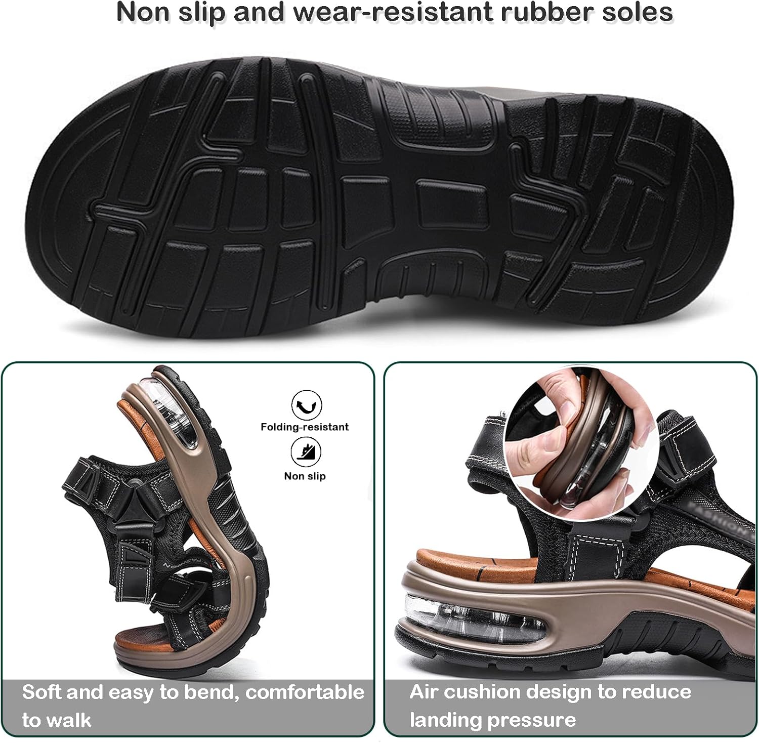 Мужские сандалии Легкие Комфортные Кожаные с открытым носком для ходьбы с поддержкой свода стопы, спортивные водные сандалии для походов и активного отдыха на природе Generic, черный — фото 4