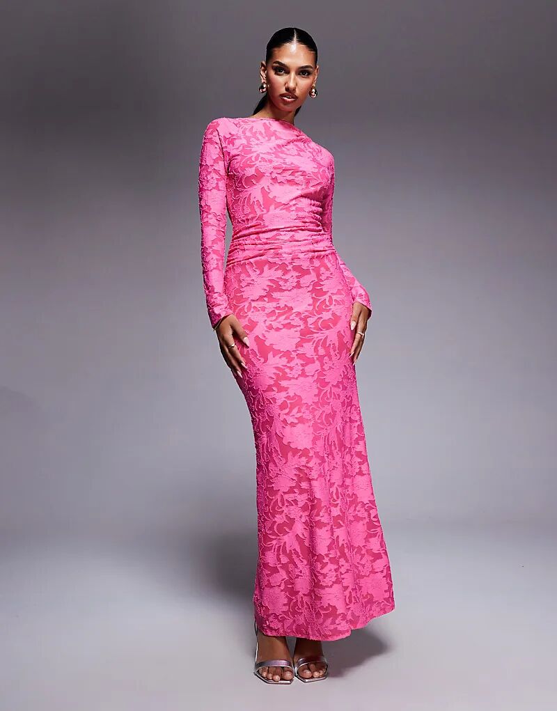 

Платье макси ASOS DESIGN Devore с длинными рукавами и открытой спиной розового цвета