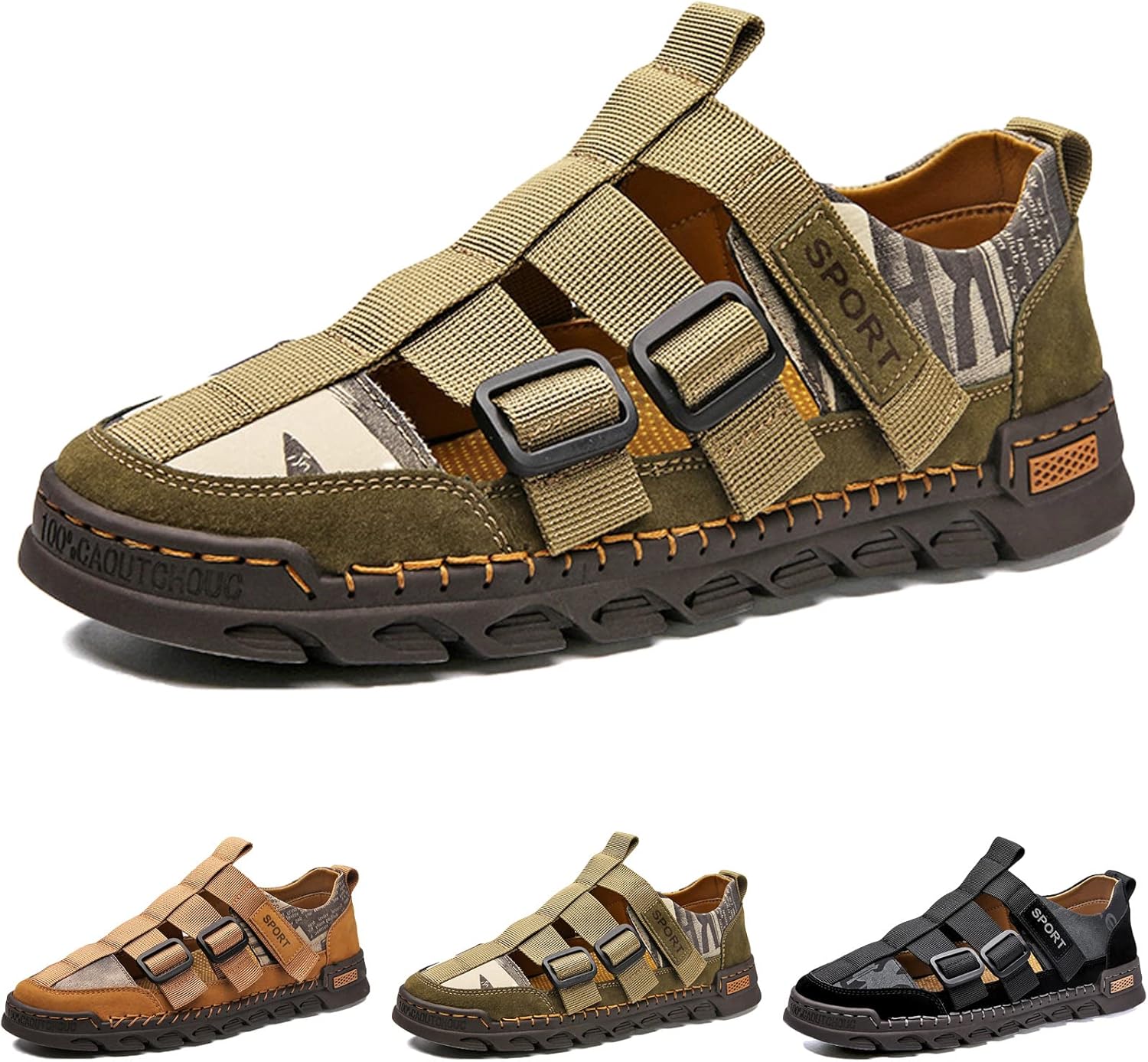 

Мужские кожаные дышащие закрытые сандалии-лодочки с регулируемым ремешком, летние повседневные пляжные нескользящие спортивные сандалии Elshtide, зеленый