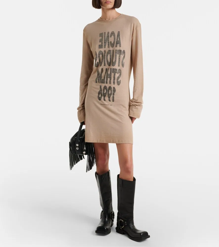 Мини-платье из хлопкового трикотажа с логотипом Acne Studios, бежевый — фото 2