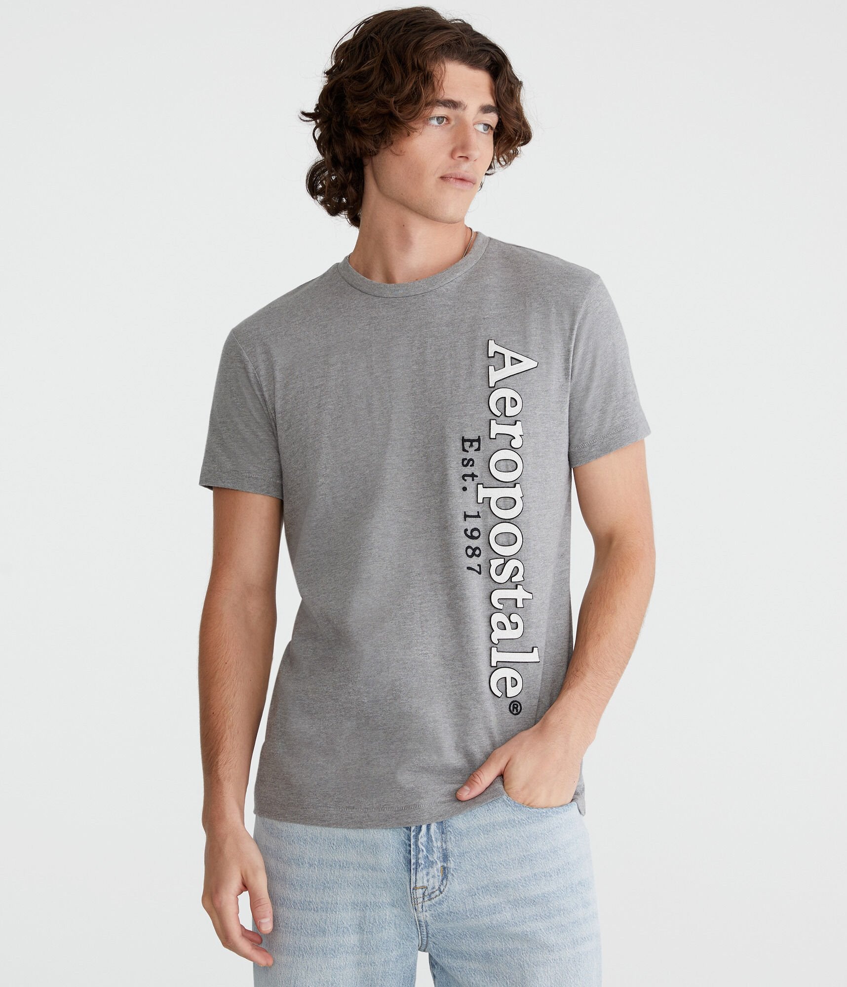 

Футболка Aeropostale с графической аппликацией и вертикальной аппликацией, цвет medium gray