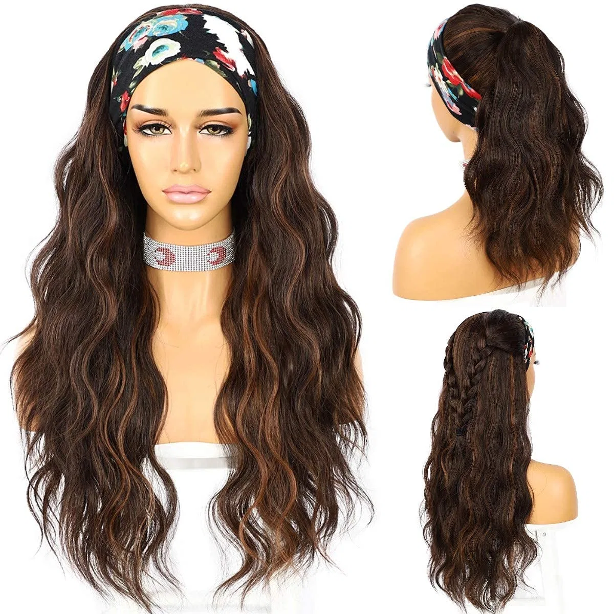Женский парик «Body Wave» с повязкой, синтетический, длинный, волнистый Sapphirewigs, Wavy Brown