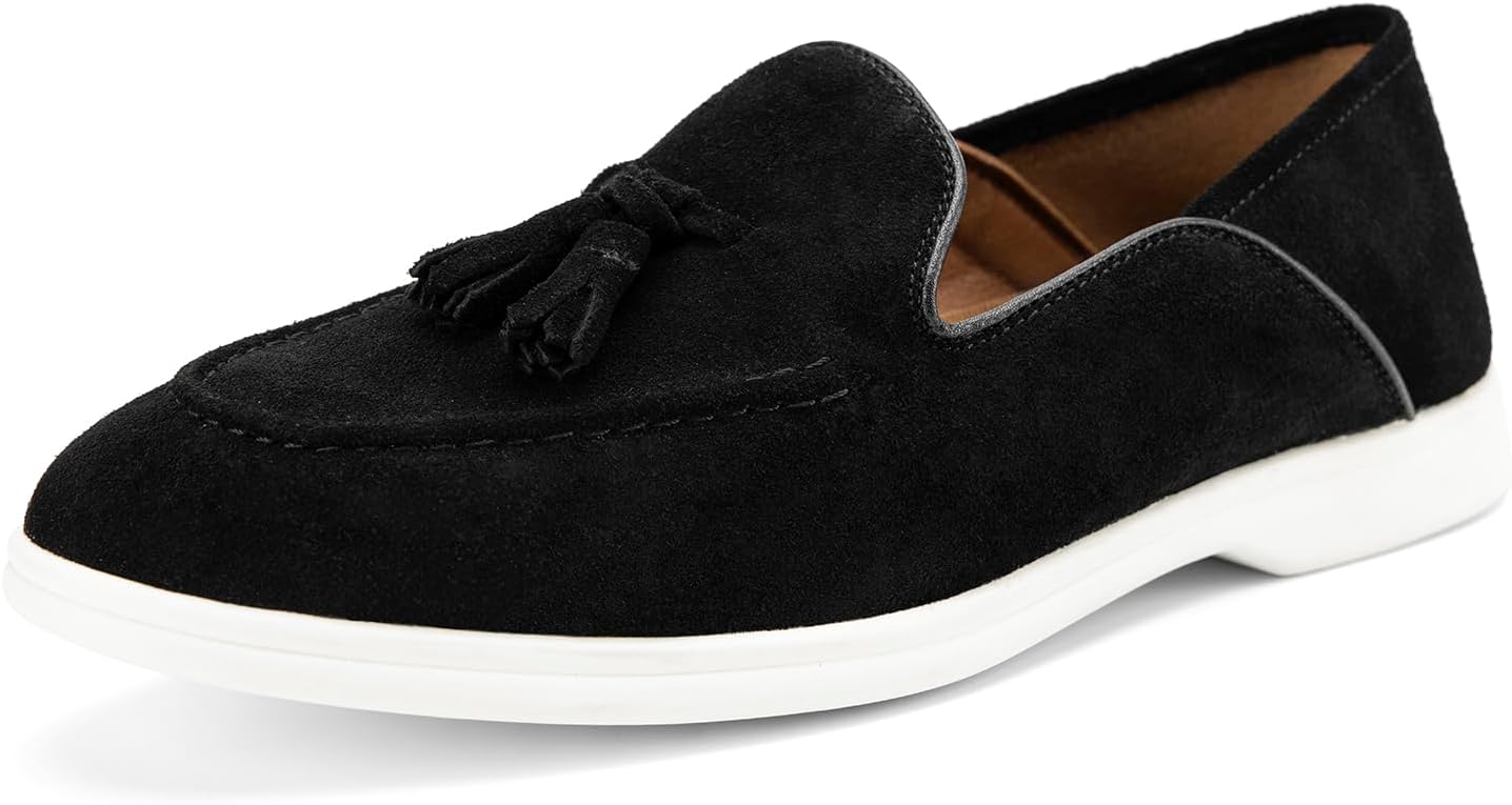 

Мужские кожаные слипоны JITAI - стильные лоферы с кисточками и замшевой отделкой, черный