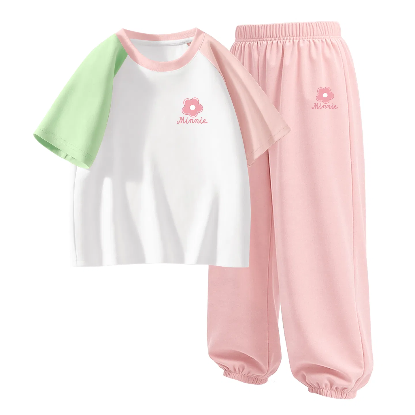 Детская повседневная спортивная футболка с круглым вырезом Disney, Di F Small Flower K Green Pink+Di F Small Flower K Soft Pink