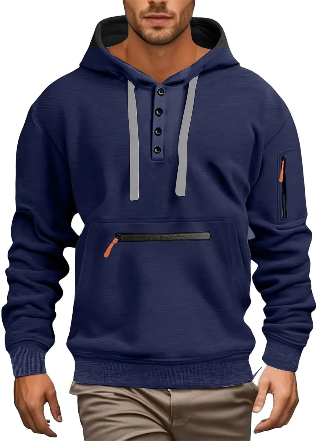 

Мужской худи на четверти пуговиц Vintage Casual с капюшоном на шнурке