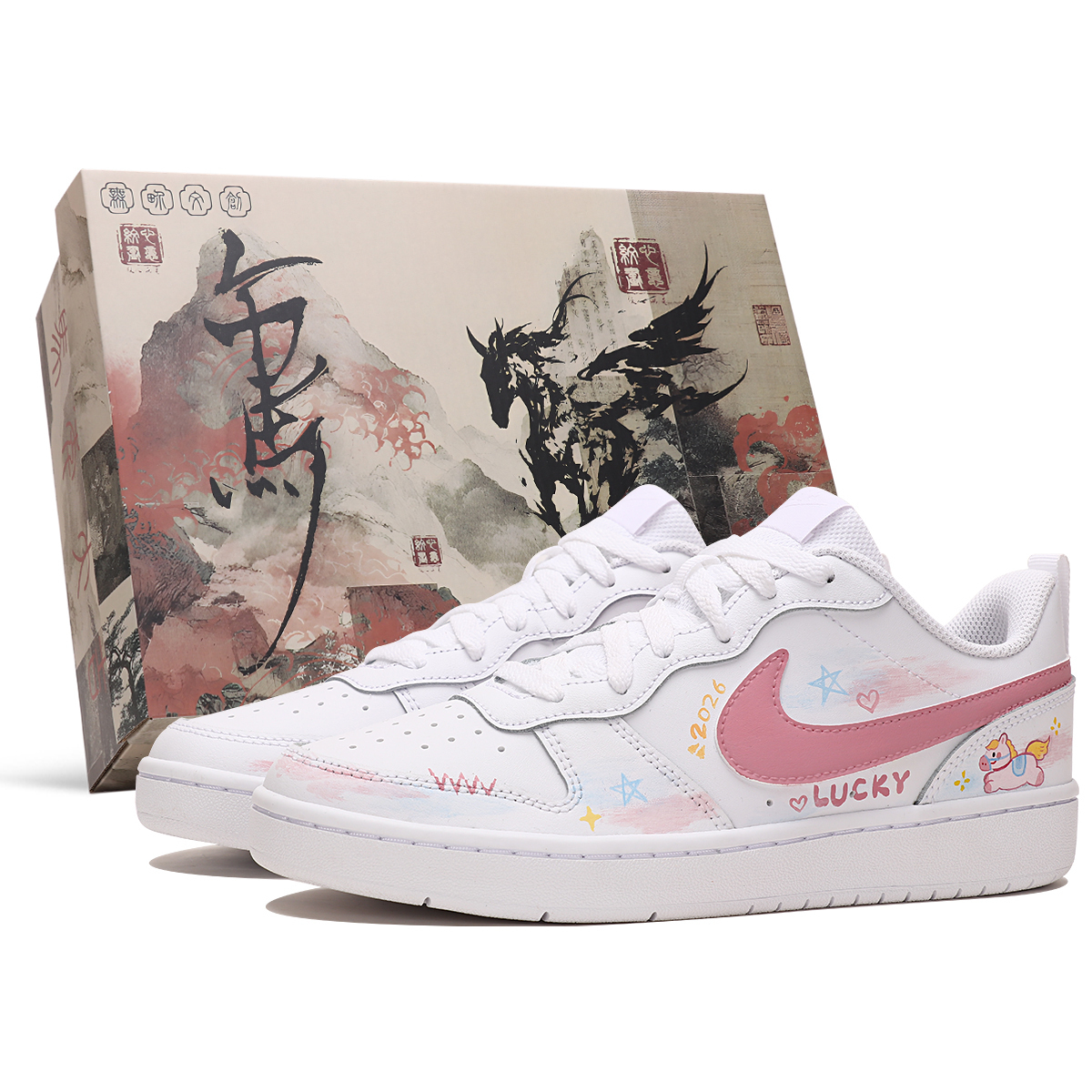

Court Borough Lucky Cute Horse Slip Resistant Cushioning Abrasion Resistant Low top Kids' Skateboarding Shoes Nike, розовый белый