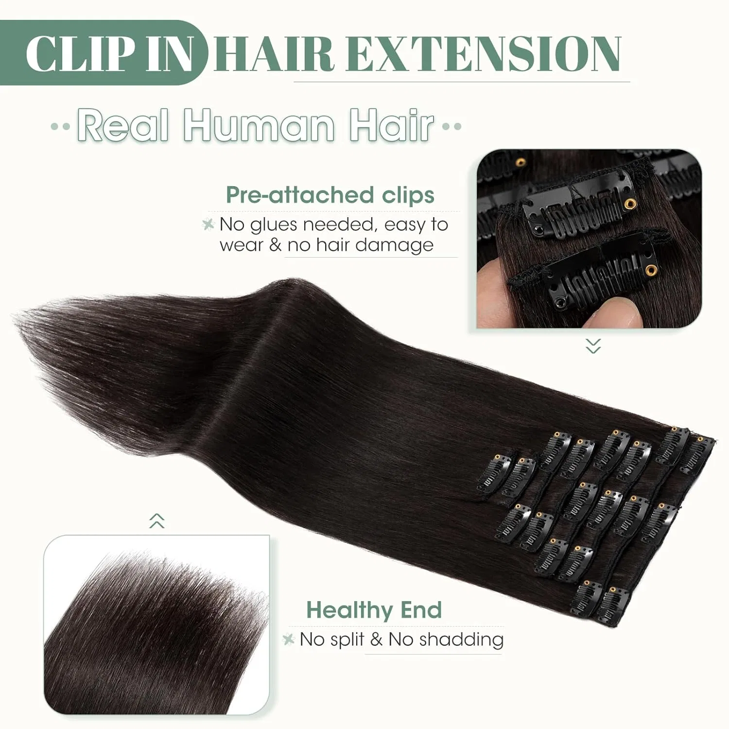 Набор накладных прядей на заколках «Remy Hair» от Rich Choices Rich Choices, #1B Black — фото 2