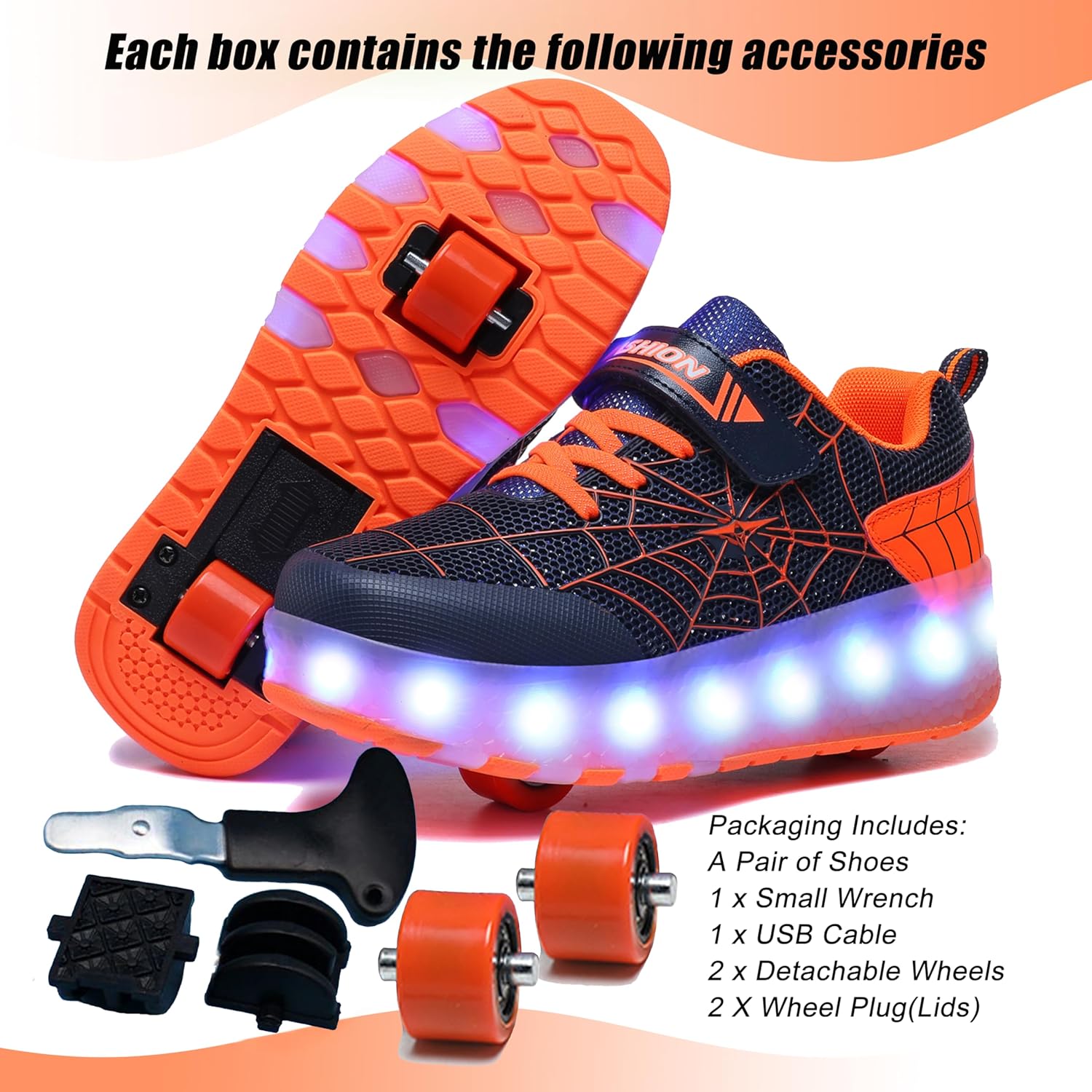 Детские роликовые кроссовки Aikuass с USB-подзарядкой и светящейся LED-подсветкой для мальчиков и девочек, черный/оранжевый — фото 3