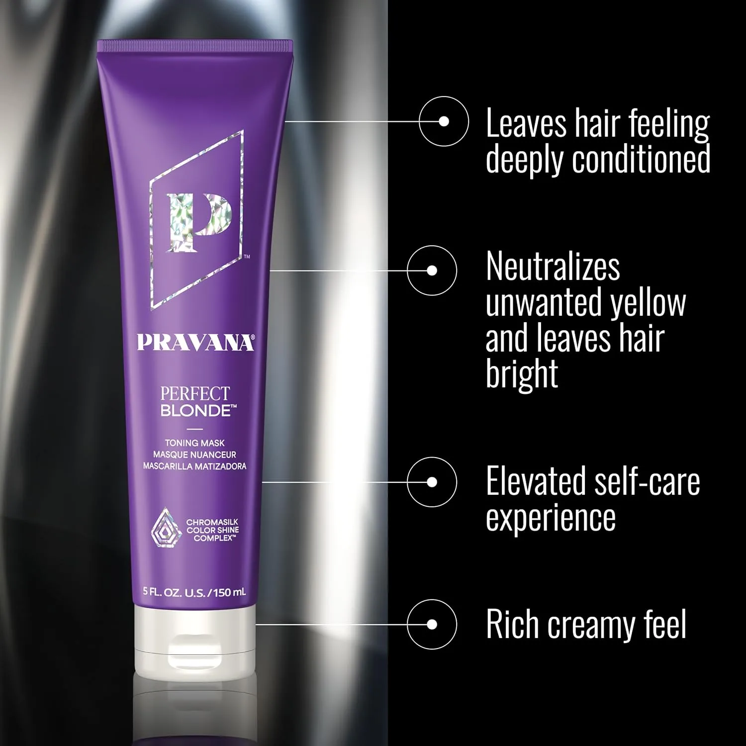 Pravana The Perfect Blonde Purple Toning Shampoo, кондиционер и маска, нейтрализует медные и желтые оттенки, для окрашенных волос, Chromasilk, 300 мл, yellow — фото 3