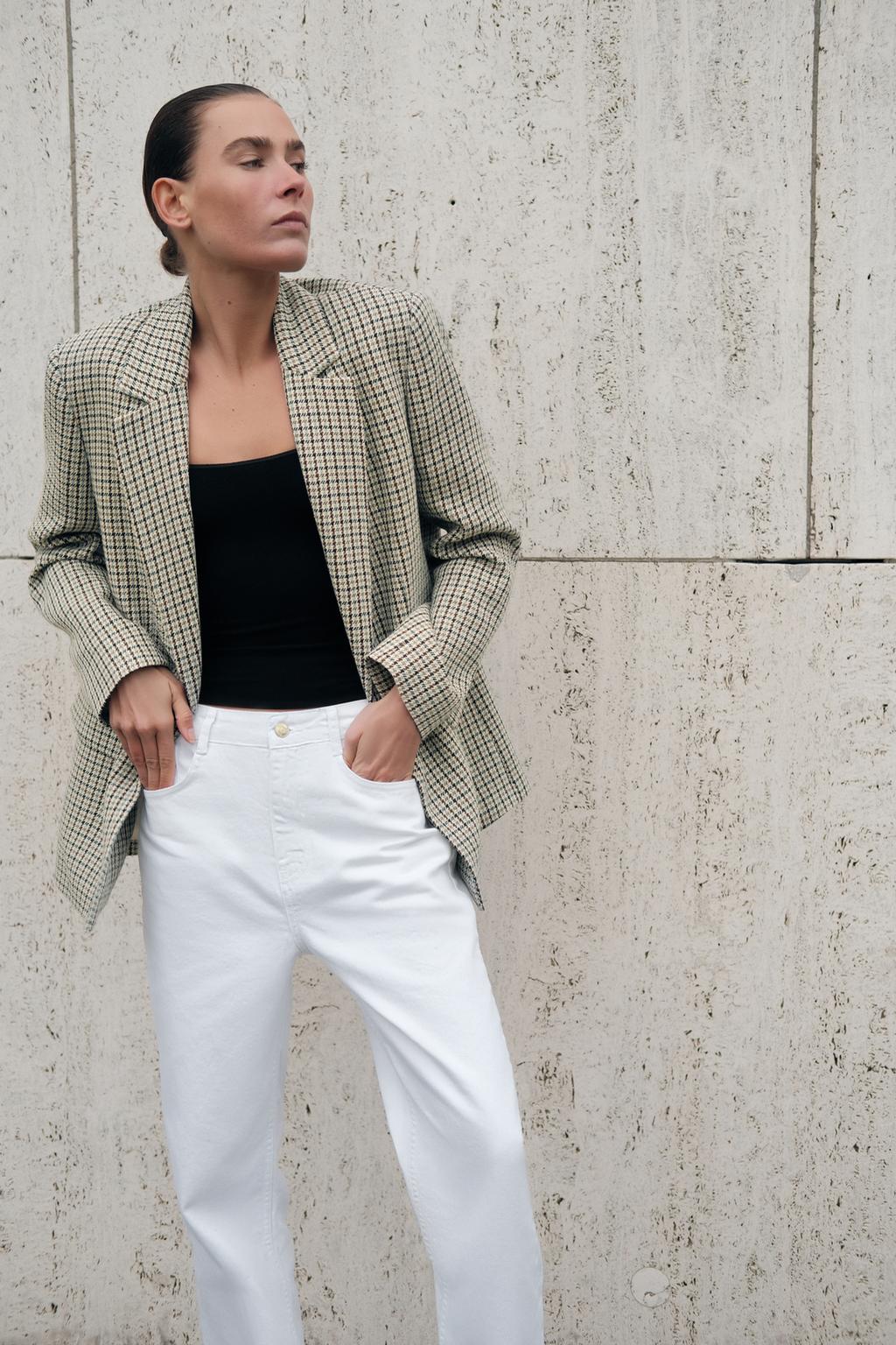 

Блейзер в собачью клетку прямого покроя ZARA, цвет Beige-brown